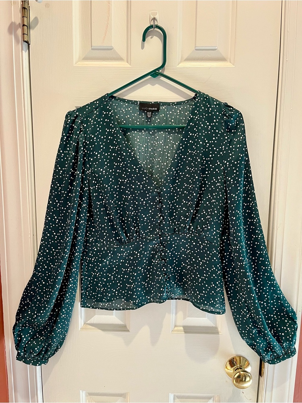 Lucy Paris Emerald Green Polka Dot Long Sleeve Blouse Size M
